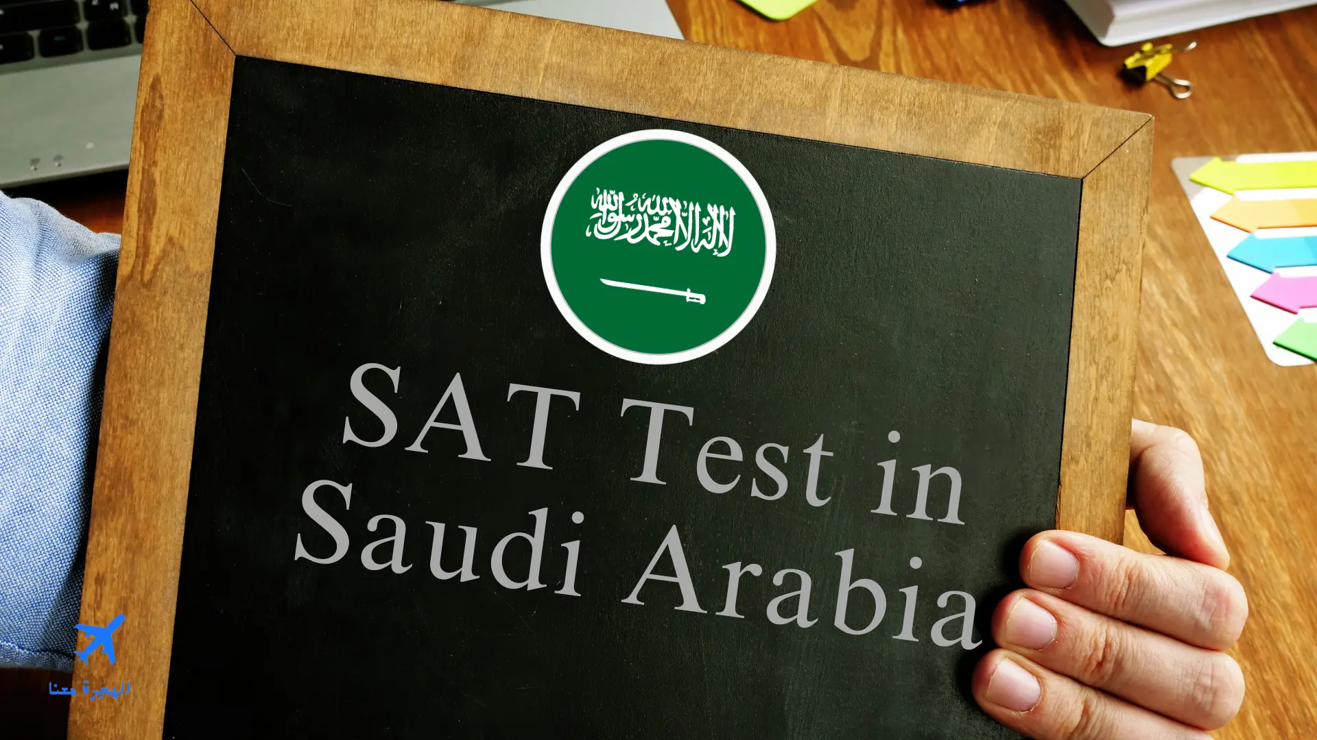 صورة بها علم السعودية وعبارة اختبار سات في السعودية باللغة الإنجليزية